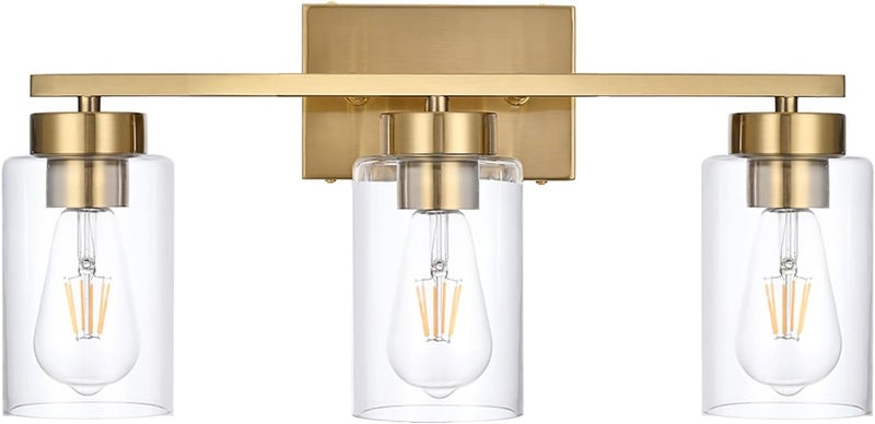 A1A9 3-Light Bathroom Vanity Light, Modern Brushed Gold Wall Lights with Clear Glass Shades, Bathroom Wall Sconce Lamp for Mirror Living Room Bedroom Hallway - Image 1